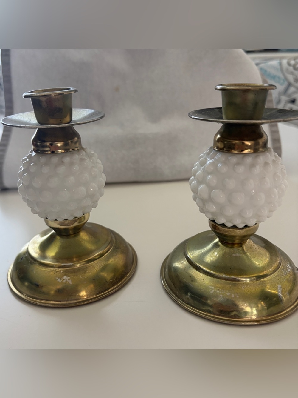 Vintage Brass and White Hobnail Glass Candle Holders - Set of 2